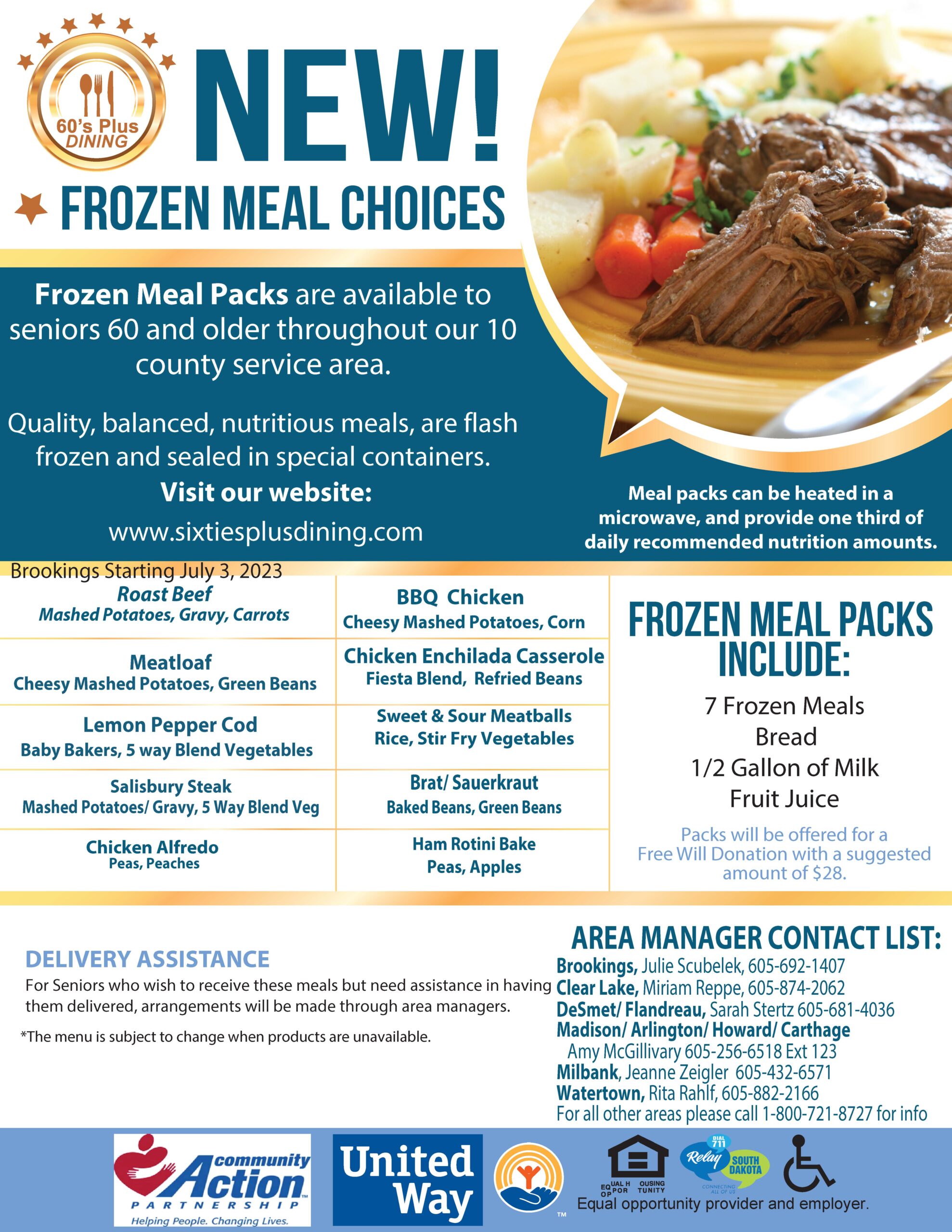 Brookings Frozen Meal Choices - July 2023