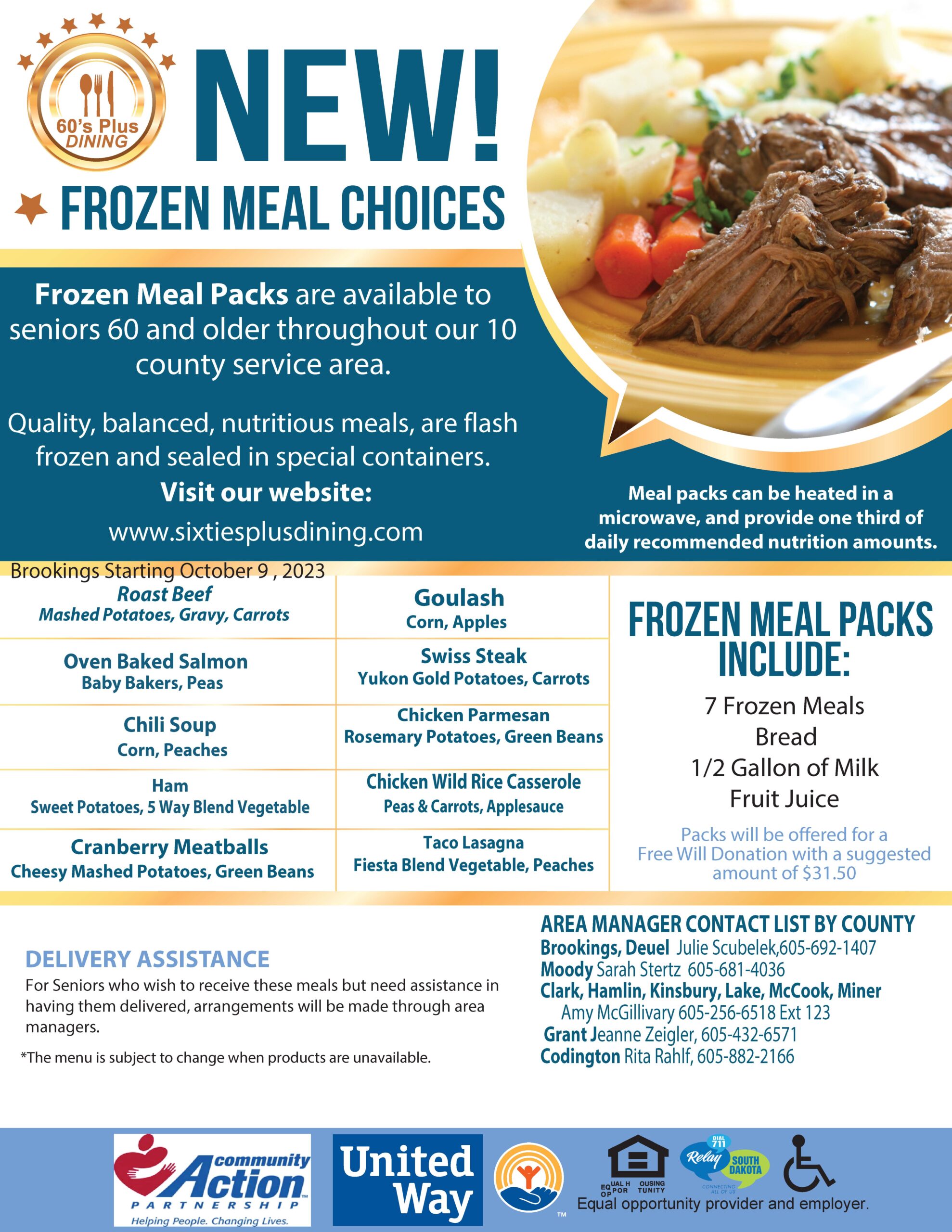 Brookings Frozen Meal Choices - October 2023